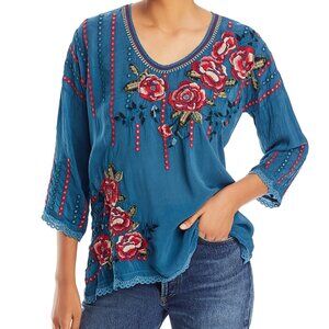 NWT Johnny Was Giovanna Floral Embroidered Blouse  Legion Blue  -